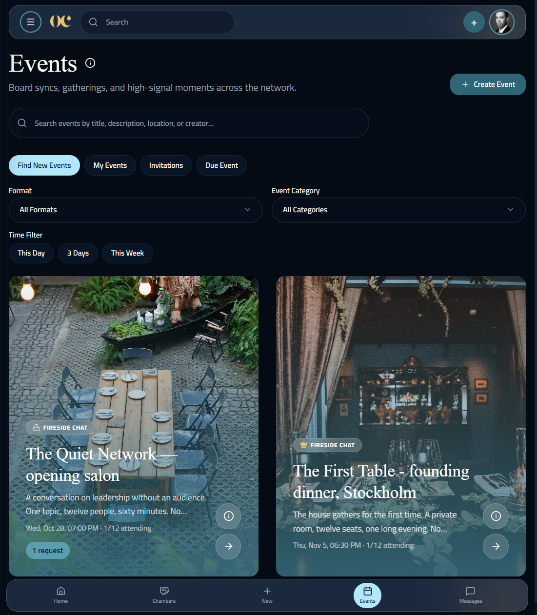 An OnlyCEO event page with its format, seats and the discussion running alongside it.