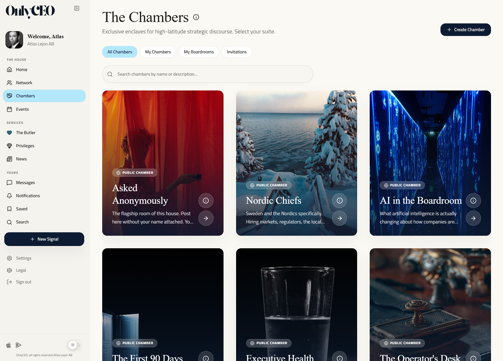 The Chambers in OnlyCEO: public chambers, boardrooms and invitations, each room opened by a member.