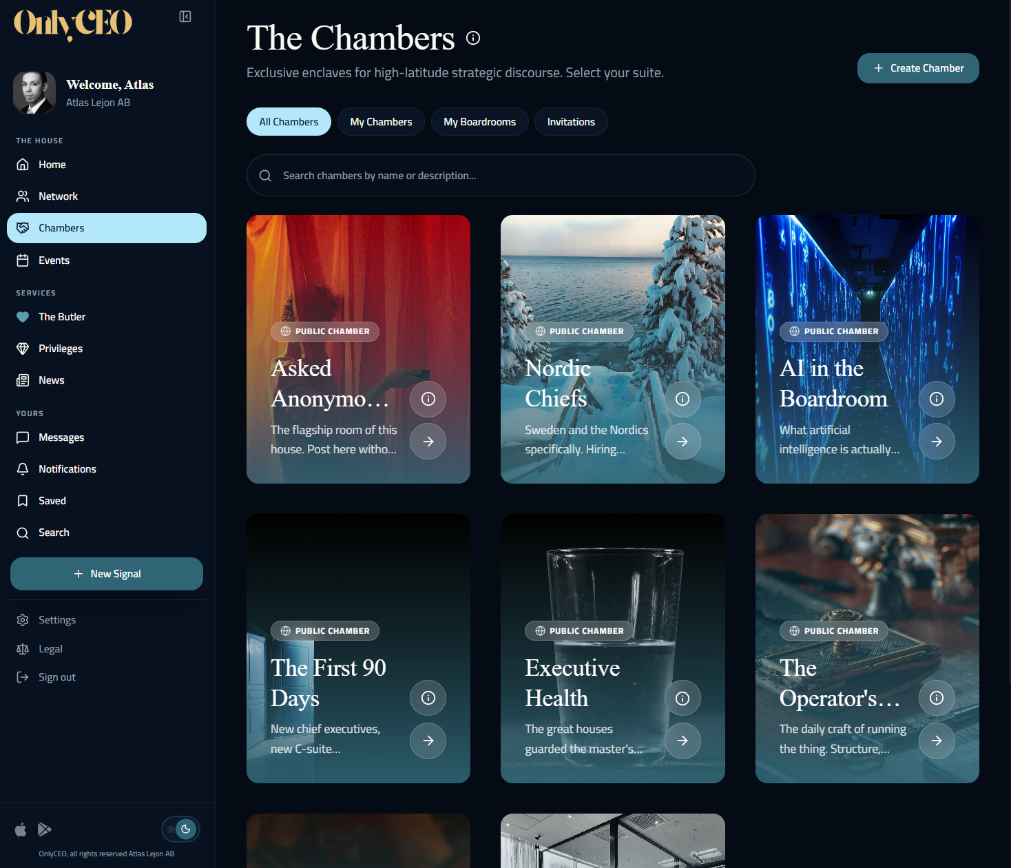 The Chambers in OnlyCEO: public chambers, boardrooms and invitations, each room opened by a member.