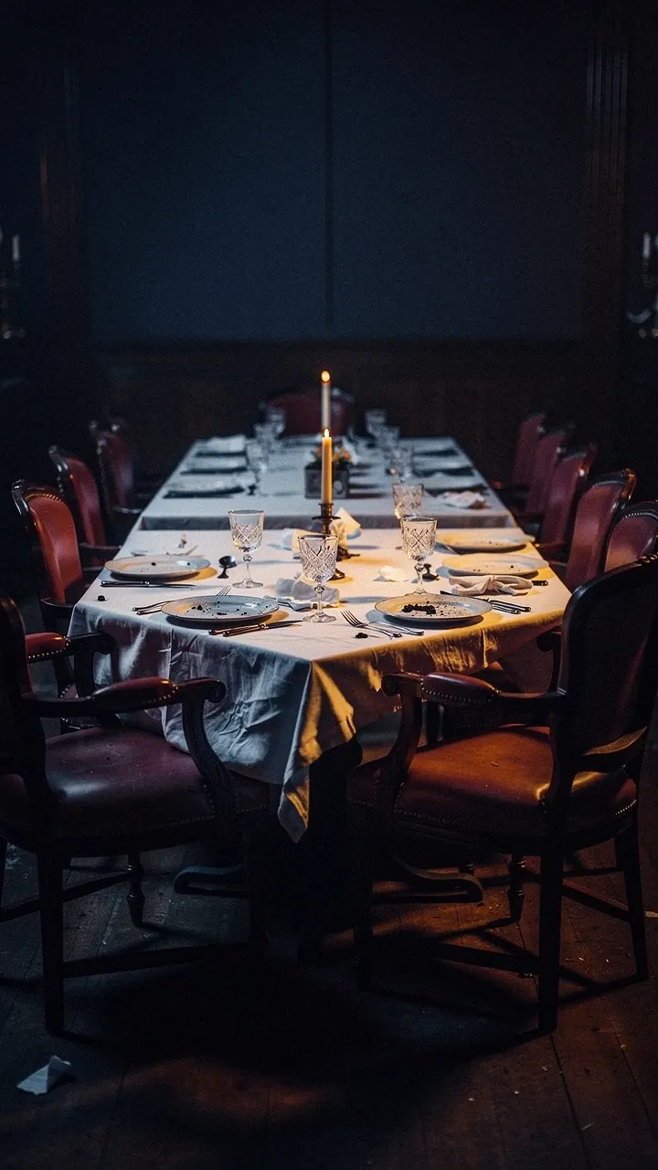 A long candlelit table with leather chairs, set for a closed meeting