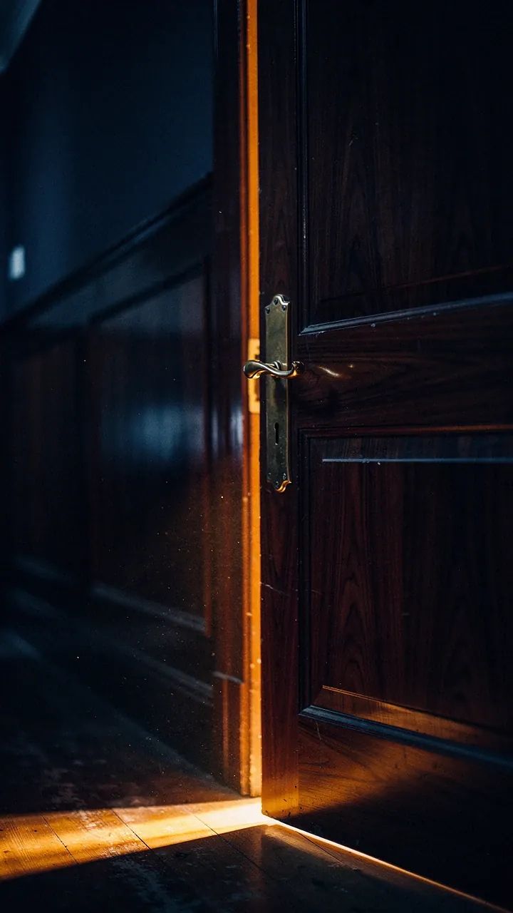 A panelled door left ajar, warm light behind it